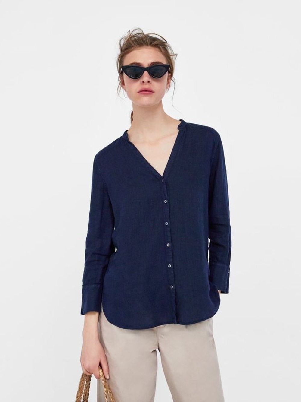 Zara basic 100% linen button up long sleeve e navy blue V-neck blouse XS casual